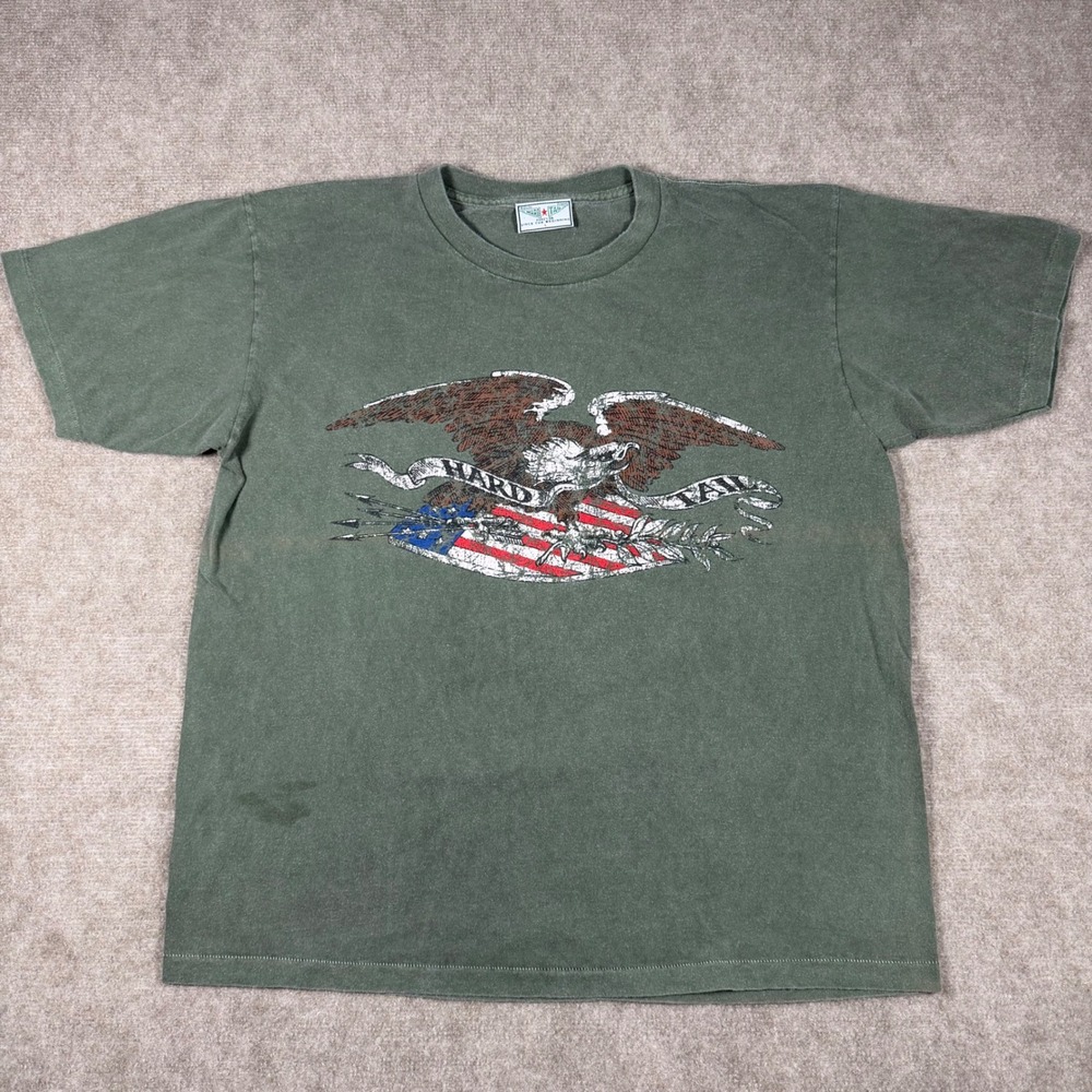 HardTail Y2K Eagle Flag Graphic T-Shirt Olive Green USA Made Cotton Size Large